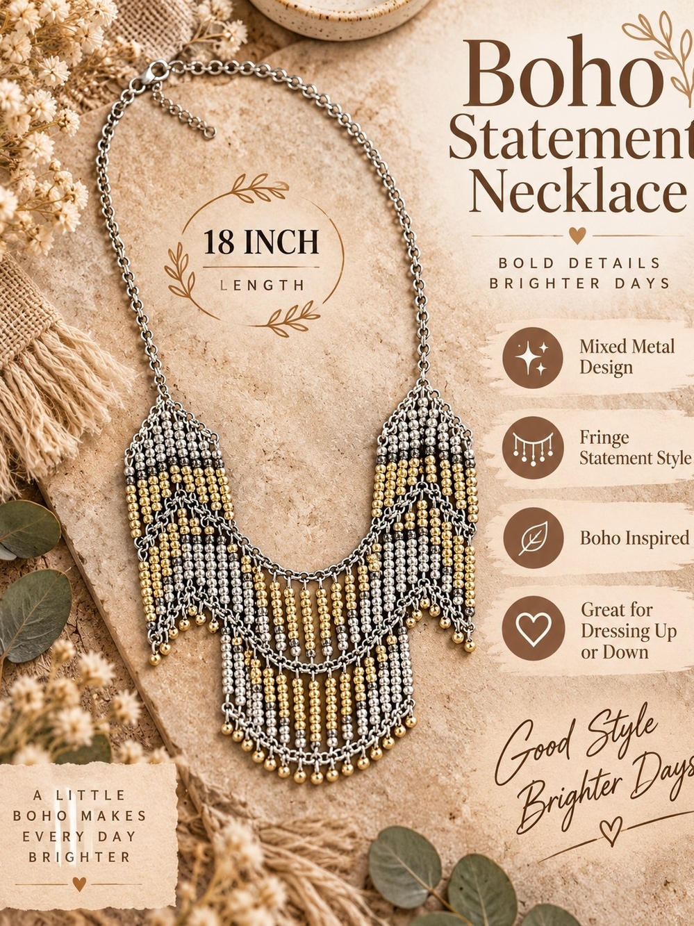 711 Boho Mixed Metal Fringe Necklace - Gold & Silver